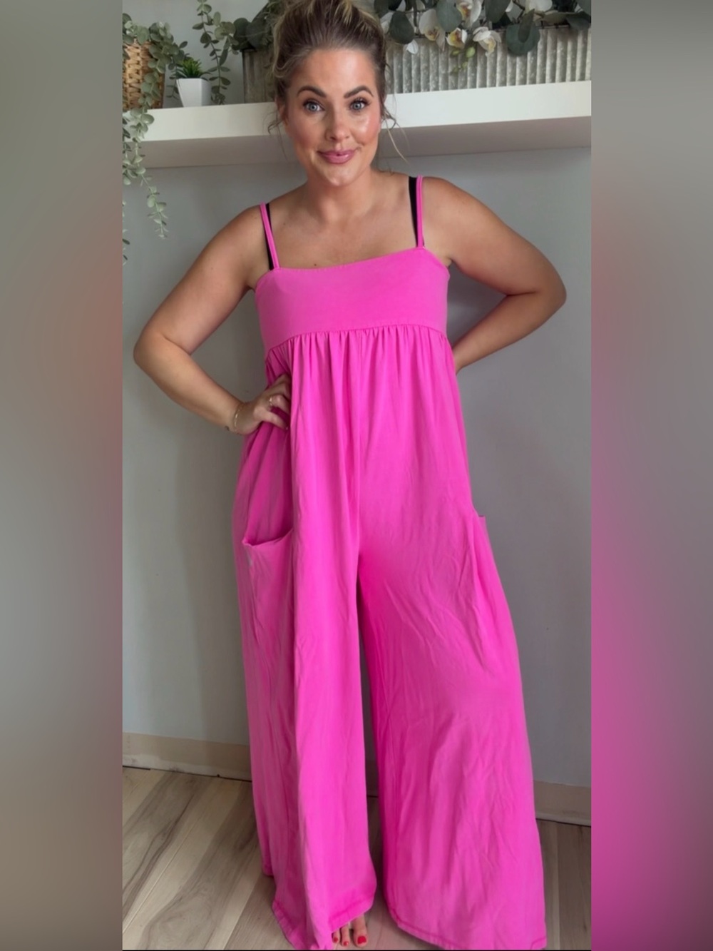 New with tagsFree People Hot Pink Wide-Leg Spaghetti-Strap Jumpsuit with Pockets